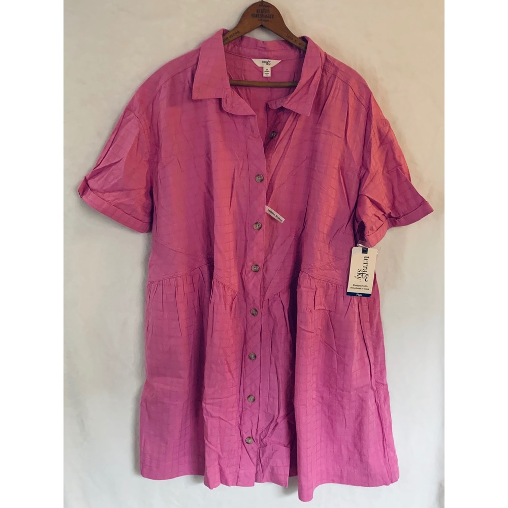 Terra & Sky Shirtdress Womens‎ 1X Pink Orchid Dream Casual Button Front Textured